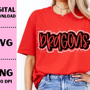 May include: A red t-shirt with the word "DRAGONS" in black and white lettering.