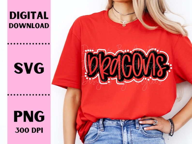 May include: A red t-shirt with the word "DRAGONS" in black and white lettering.