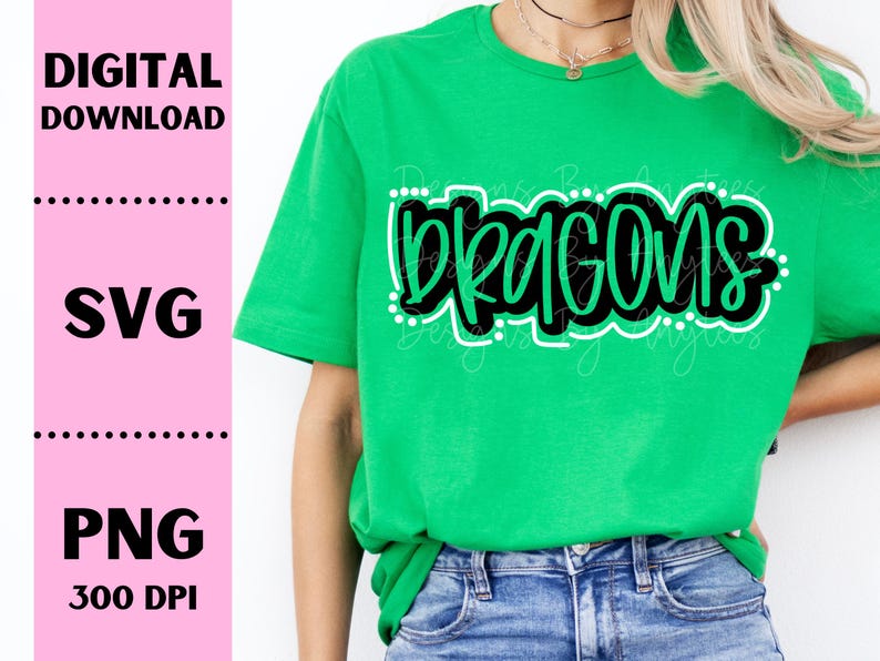 May include: A green t-shirt with the word "DRAGONS" written in black and green lettering with white outlines.