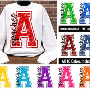 May include: A white long-sleeve sweatshirt featuring a large red varsity-style letter A with a distressed texture and the word apaches written in black script vertically along the left side. The image also displays ten color variations of the design.