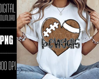 Bengals PNG, Fútbol PNG, Descarga digital de Bengals, Corazón de fútbol PNG, Camiseta de Bengals PNG, Diseño PNG para DTF y sublimación, Espíritu de equipo