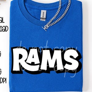 May include: A royal blue t-shirt with the word "RAMS" in large white letters outlined in black. A silver chain necklace is draped across the shirt. The words "DIGITAL DOWNLOAD", "SVG & PNG", and "300 DPI" are also visible.