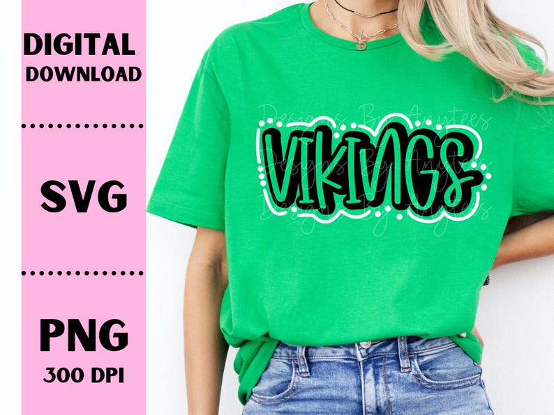May include: A green t-shirt with the word "VIKINGS" in black and white lettering. The lettering is in a bubble style font with white outlines and black fill.