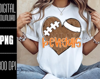 Bengals PNG, Fútbol PNG, Descarga digital de Bengals, Corazón de fútbol PNG, Camiseta de Bengals PNG, Diseño PNG para DTF y sublimación, Espíritu de equipo