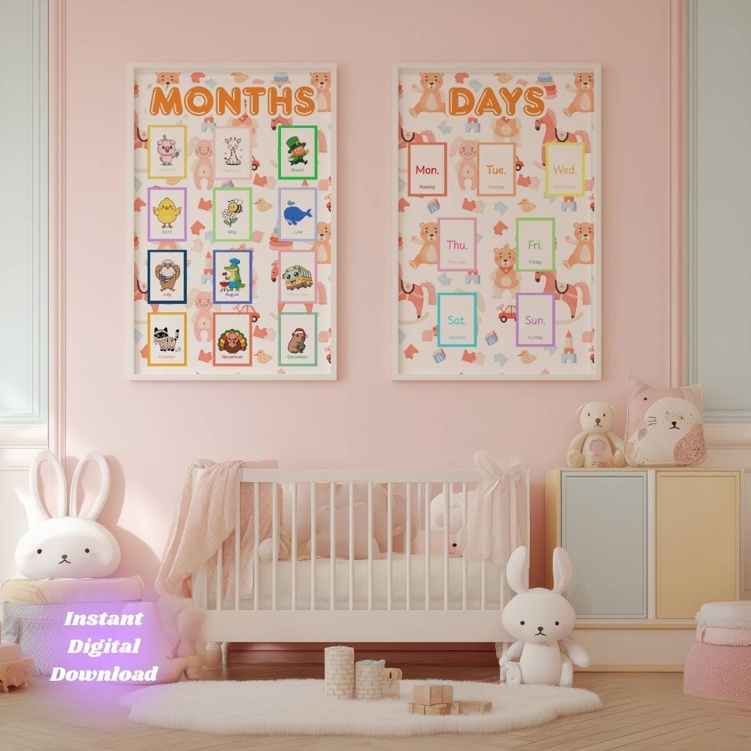 Months and Days Wall Art Educational Poster Toys Formation Montessori ...