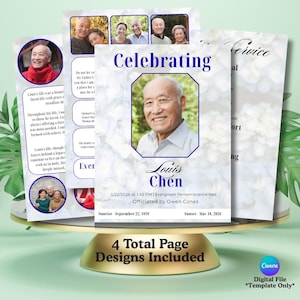 May include: A digital file template for a memorial service, featuring a photo of Louis Chen. The design includes the text "Celebrating" and "4 Total Page Designs Included." The template is a Canva digital file.