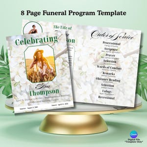 Könnte beinhalten: Eine Vorlage für ein Trauerprogramm mit dem Text "8 Page Funeral Program Template". Das Programm enthält ein Foto einer Person, die Wörter "Celebrating", "Ava Thompson" und "Order of Service". Die Vorlage befindet sich auf einem goldenen Tortenständer.