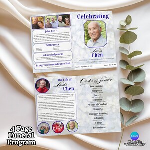May include: A four-page funeral program with a floral design. The program includes photos, text, and the words "Celebrating" and "The Life of Louis Chen." The program also lists the order of service and pallbearers.