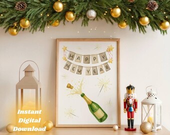 Happy New Year Champagne Wall Art Holiday Printable Decor (Digital Download)