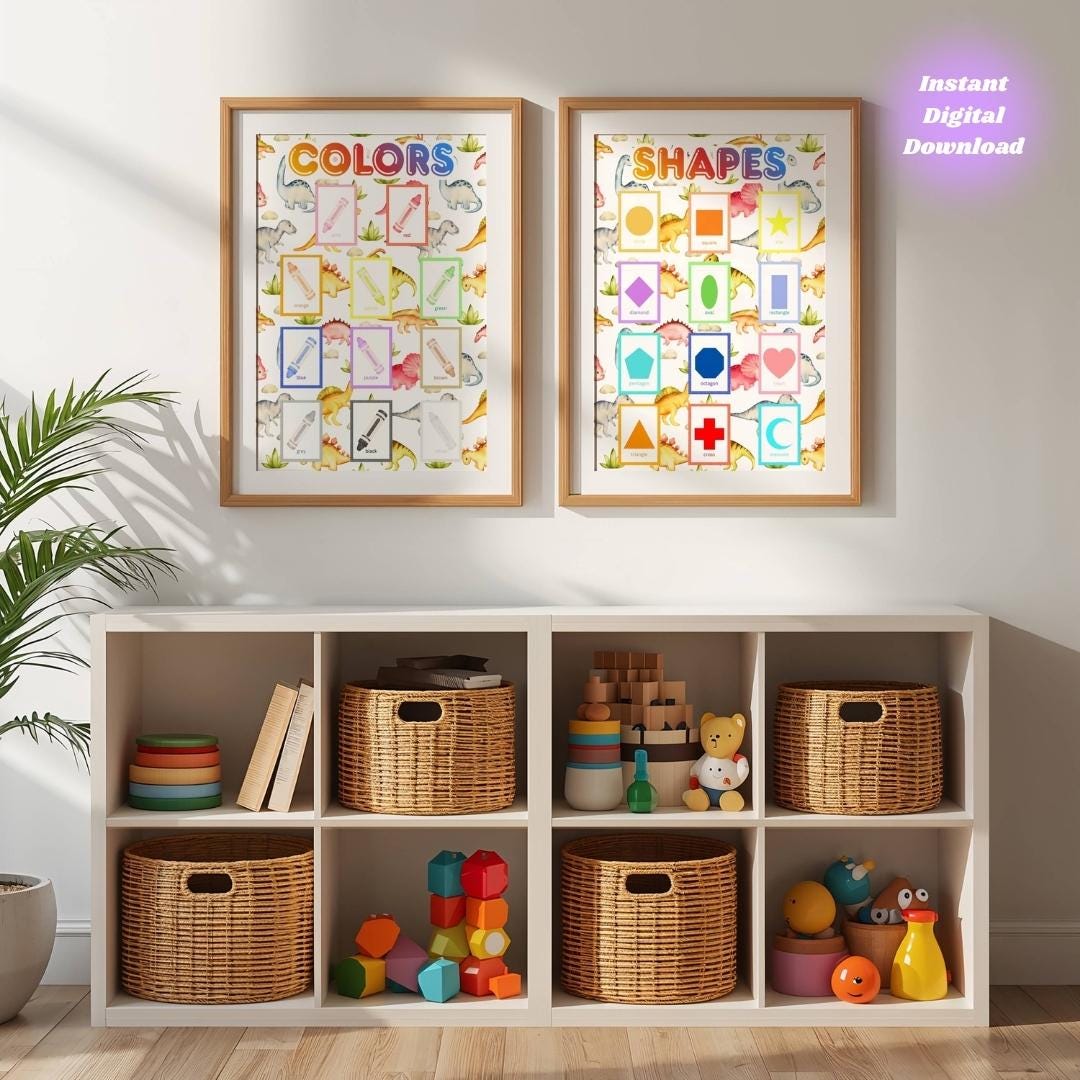 Dinosaur Colors and Shapes Poster Set, Montessori Nursery Decor ...