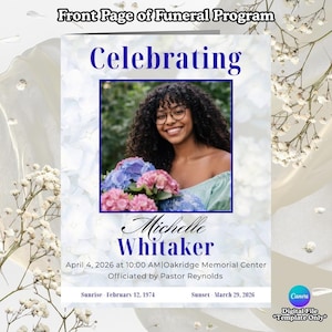 Funeral Program Template (4 Pages) Editable Blue Hydrangeas Digital Download