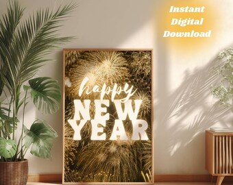 Happy New Year Fireworks Wall Art Holiday Printable Decor (Digital Download)