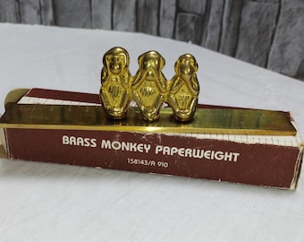 Vintage Brass Three Wise Monkeys Paperweight Ruler – Mid Century Desk Decor