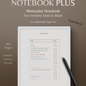 Notebook Plus - Liniertes & Blanko Template für reMarkable Paper Pro | Minimalistisch | 450 verknüpfte Seiten mit Bereich für Themen + Doodling