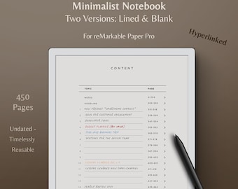 May include: A white digital notebook with a black stylus on the right side. The notebook is open to a table of contents page with the title "Notebook Plus" and the text "Minimalist Notebook" and "Two Versions: Lined & Blank". The table of contents lists topics and page numbers for a 450-page notebook.