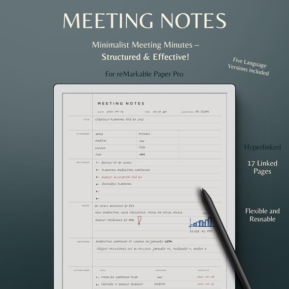 reMarkable Paper Pro Meeting Notes Template | Hyperlinked (Digital Download)