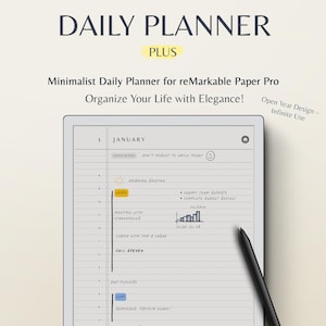 May include: A daily planner for the reMarkable Paper Pro tablet. The planner has a minimalist design with a black and white grid and a handwritten to-do list for January 1st. The list includes tasks like "Morning Routine", "Work", "Meeting with Stakeholder", "Lunch with Tom & Sarah", "Call Steven", "Buy Flowers", "Gym", "Reminder: Protein Shake!" and "Family Dinner and".