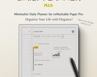 Könnte beinhalten: Ein Tagesplaner für das reMarkable Paper Pro Tablet. Der Planer hat ein minimalistisches Design mit einem schwarz-weißen Raster und einer handschriftlichen To-Do-Liste für den 1. Januar. Die Liste enthält Aufgaben wie "Morgenroutine", "Arbeit", "Meeting mit Stakeholder", "Mittagessen mit Tom & Sarah", "Anruf bei Steven", "Blumen kaufen", "Fitnessstudio", "Erinnerung: Proteinshake!" und "Familienessen und".