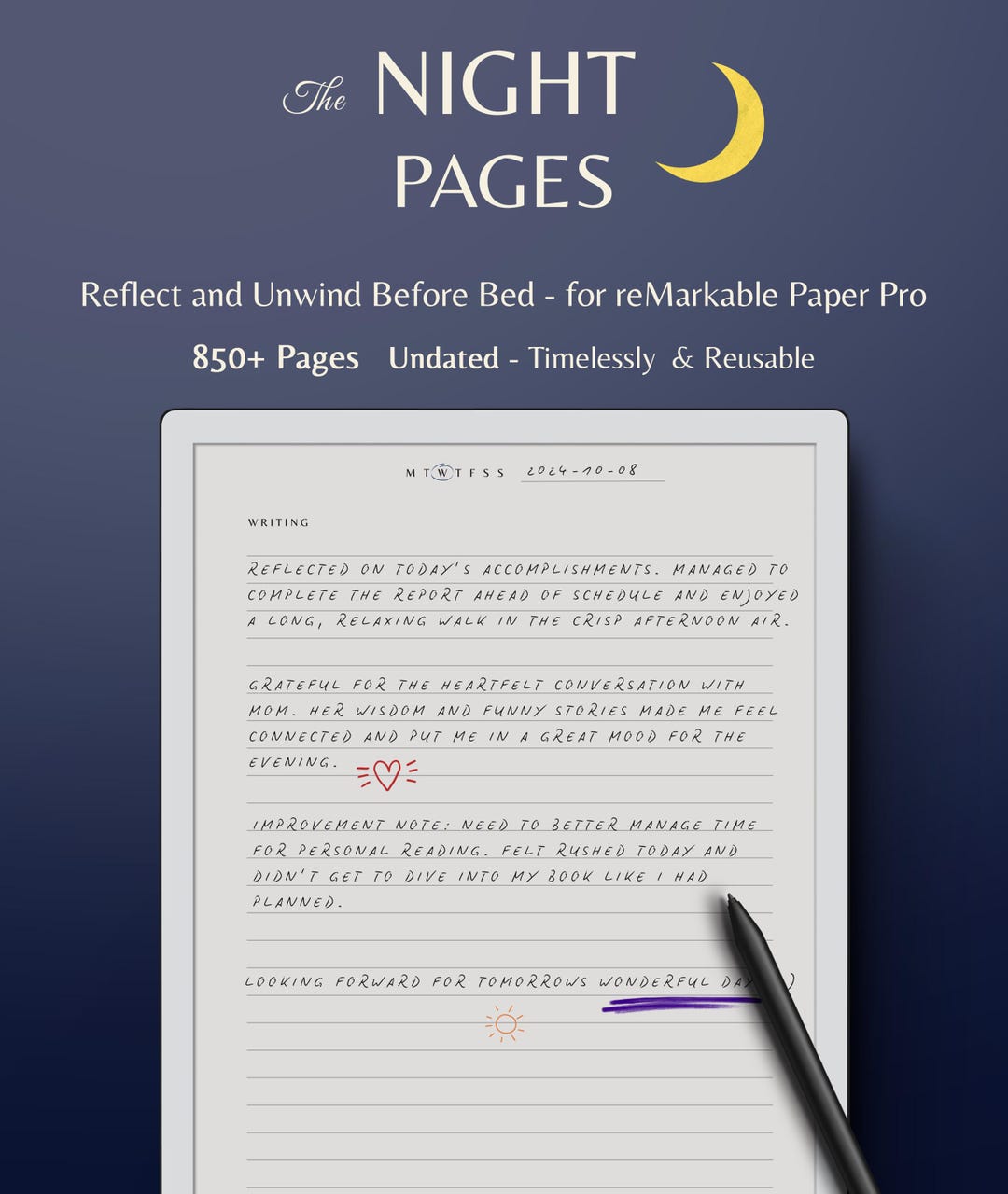 Pro Journal Remarkable Paper Pro Journal Template – Nightly Reflection (digital ...