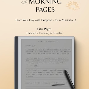 May include: A digital tablet showing "The Morning Pages" text, with a stylus. The screen displays handwritten notes and the date. The text includes "Start Your Day with Purpose" and "850+ Pages".