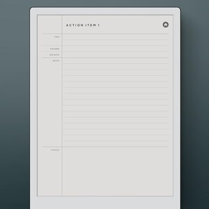 K&ouml;nnte beinhalten: Ein wei&szlig;er digitaler Notizblock mit einem grauen Bildschirm, der eine leere Vorlage f&uuml;r einen Aktionspunkt anzeigt. Die Vorlage enth&auml;lt Felder f&uuml;r Aufgabe, Verantwortlicher, F&auml;lligkeitstermin, Notizen und Visualisierungen. Oben auf dem Bildschirm wird der Text "ACTION ITEM 1" angezeigt.