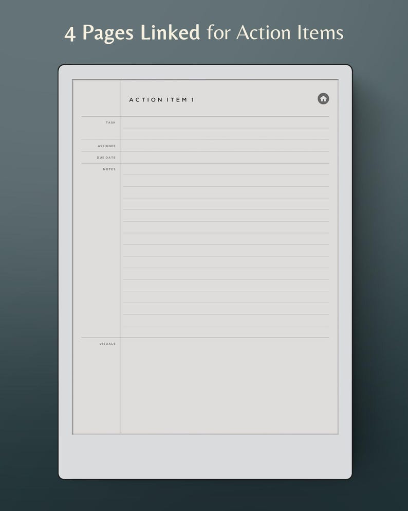 K&ouml;nnte beinhalten: Ein wei&szlig;er digitaler Notizblock mit einem grauen Bildschirm, der eine leere Vorlage f&uuml;r einen Aktionspunkt anzeigt. Die Vorlage enth&auml;lt Felder f&uuml;r Aufgabe, Verantwortlicher, F&auml;lligkeitstermin, Notizen und Visualisierungen. Oben auf dem Bildschirm wird der Text "ACTION ITEM 1" angezeigt.