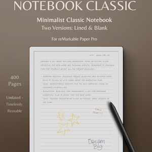 May include: A black and gray stylus pen on a white background with a digital notebook screen displaying a handwritten to-do list. The notebook screen has the text "NOTEBOOK CLASSIC" at the top and "Dream Big" at the bottom. The screen also has the date "2024-08-14" and the text "400 Pages" on the left side.