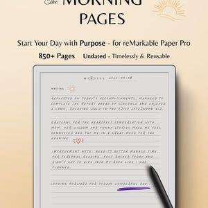 Peut inclure: Gros plan sur un bloc-notes numérique avec un fond blanc et une bordure noire. Le bloc-notes affiche une page manuscrite avec le texte "The Morning Pages" en haut. La page est remplie de notes manuscrites et d'un petit dessin de cœur.