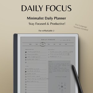 May include: A gray and white daily planner for the reMarkable 2 tablet. The planner has a minimalist design with a daily focus on top priorities, daily goals, and notes. The planner includes a checklist for tasks and a section for notes.
