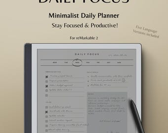 May include: A gray and white daily planner for the reMarkable 2 tablet. The planner has a minimalist design with a daily focus on top priorities, daily goals, and notes. The planner includes a checklist for tasks and a section for notes.