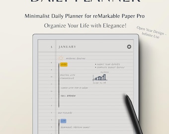 May include: A daily planner for the reMarkable Paper Pro tablet. The planner has a simple design with a gray background and black lines. The text "1 JANUARY" is at the top of the page. The planner includes a section for "MORNING ROUTINE", "WORK", "MEETING WITH STAKENDOLER", "LUNCH WITH TOM & SARAH", "CALL STEVEN", "BUY FLOWERS", "REMINDER: PROTEIN SHAKE!" and "FAMILY DINNER AND MOVIES".