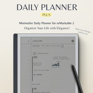 May include: A gray and black digital tablet with a white screen displaying a daily planner for January. The planner includes a to-do list, a morning routine, a meeting with a stakeholder, lunch with Tom and Sarah, a call with Steven, and a reminder to buy flowers. The text "Don't forget to smile today" is written at the top of the screen.