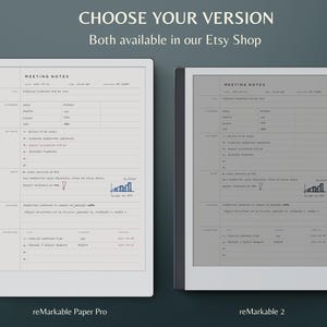 K&ouml;nnte beinhalten: Zwei digitale Notizbl&ouml;cke, einer wei&szlig; und einer schwarz, mit dem Text "Meeting Notes" oben. Der wei&szlig;e Notizblock ist mit "reMarkable Paper Pro" und der schwarze Notizblock mit "reMarkable 2" beschriftet.