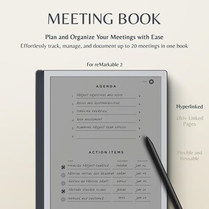 May include: A black and gray e-reader with a gray screen displaying a meeting agenda and action items. The text on the screen reads "Meeting Book", "Agenda", "Project Objectives and Scope", "Roles and Responsibilities", "Timeline Overview", "Risk Assessment", "Planning Project Team Offsite", "Action Items", "Finalize Project Charter", "Provide Initial Dev Roadmap", "Review QA Process Draft", "Prepare Steerco Slides", "Involve Key Customer". The e-reader is on a white surface with a black stylus next to it.