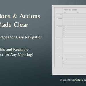 K&ouml;nnte beinhalten: Ein wei&szlig;er digitaler Notizblock mit dem Text "Meeting Notes" oben. Der Notizblock ist in Abschnitte f&uuml;r "Topic", "Notes" und "Action Items" unterteilt. Der Notizblock ist f&uuml;r das reMarkable Paper Pro konzipiert.