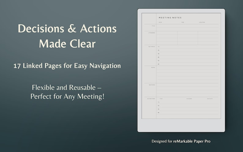 K&ouml;nnte beinhalten: Ein wei&szlig;er digitaler Notizblock mit dem Text "Meeting Notes" oben. Der Notizblock ist in Abschnitte f&uuml;r "Topic", "Notes" und "Action Items" unterteilt. Der Notizblock ist f&uuml;r das reMarkable Paper Pro konzipiert.