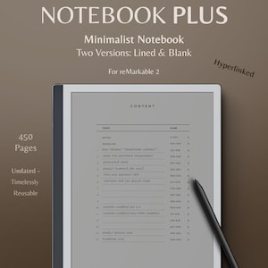 Könnte beinhalten: Ein graues und weißes digitales Notizbuch mit dem Text "NOTEBOOK PLUS" in Schwarz. Das Notizbuch ist auf einer Seite mit einem Inhaltsverzeichnis geöffnet, das Themen und Seitenzahlen auflistet. Der Text "CONTENT" befindet sich oben auf der Seite. Das Notizbuch ist für das reMarkable 2.