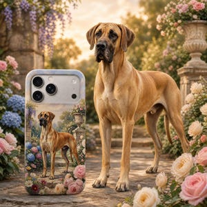 May include: A smartphone case featuring a printed illustration of a tan Great Dane standing in a garden with pink and blue flowers. The case has a cutout for a triple-lens camera system and matches the scene of the dog standing in the garden.
