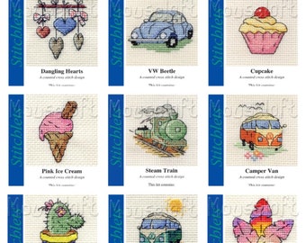 Mouseloft Stitchlets Range, Cross Stitch kits  .Great for card making. cars, cupcake, vw beetle, steam train, mini kits