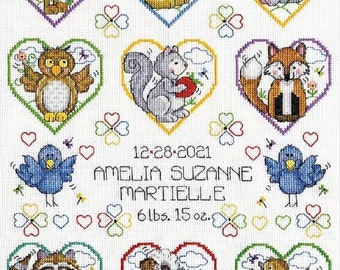 Animal Hearts Baby Sampler Counted Cross Stitch Kit from Design Works - baby birth record kit, new baby kit