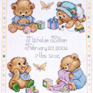 TOBIN BABY Baby Bear Sampler Counted Cross Stitch Kit baby cross stitch kit, teddy bears , birth record image 4