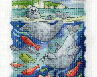 Seals Counted Cross Stitch Kit by Heritage Crafts from the Karen Carter Collection , sealife water scene