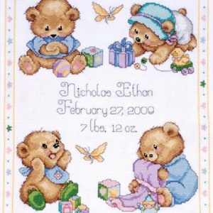 TOBIN BABY Baby Bear Sampler Counted Cross Stitch Kit baby cross stitch kit, teddy bears , birth record image 8