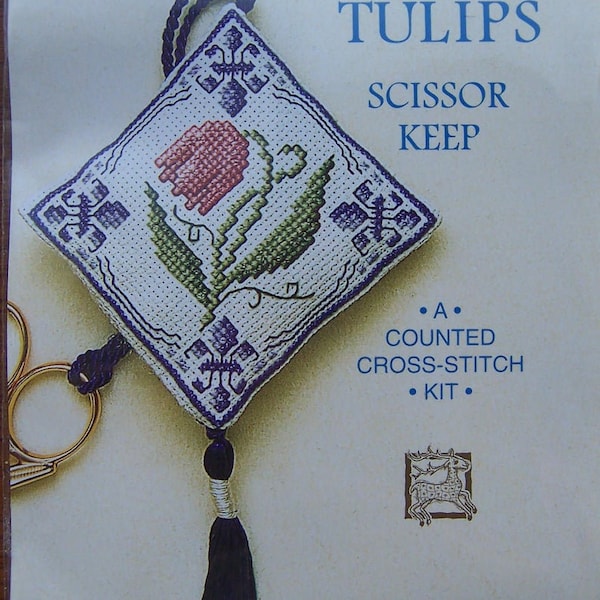 Delft Tulips Scissor Keep counted cross stitch kit, Textile Heritage, cross stitch kit, needlework kit, flower cross stitch