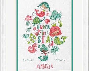 Dimensions Under The Sea Baby Birth Record Counted Cross Stitch Kit 23cm x 31cm, baby sampler