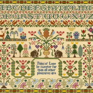 Moira Blackburn PAINS of LOVE Sampler ,Bothy Threads Counted cross stitch Kit , antique style sampler, alphabet