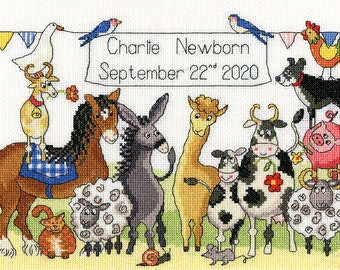 Bothy Threads Something To Crow About counted cross stitch Kit . Birth sampler, new baby kit, farm animals, birth record.