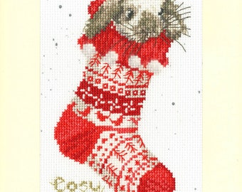 Christmas Card Kit , Cosy Christmas card Cross Stitch Kit  from Bothy Threads , rabbit in a stotcking