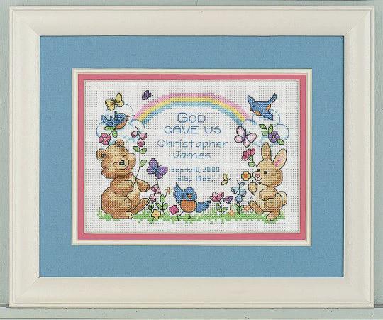 Gods Babies Birth Record Cross Stitch Kit: Animal Sampler, 14 Count Aida