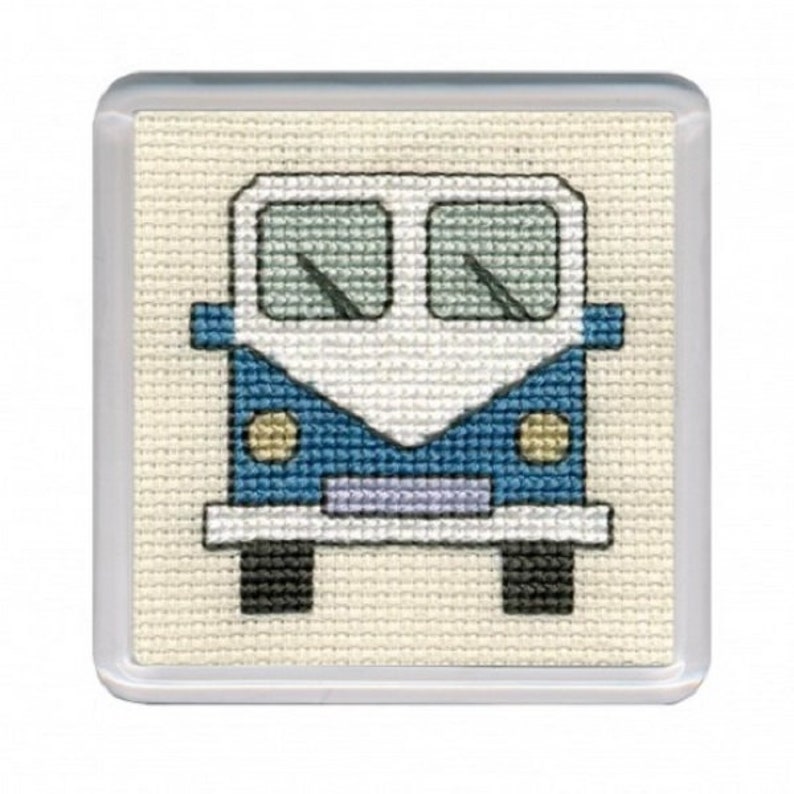 van coaster kit Blue Campervan Coaster Cross Stitch Kit from Textile Heritage